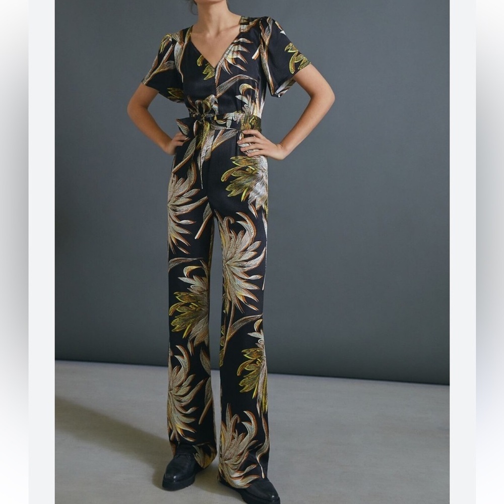 Anthropologie Jasmine Palm printed black lightweight contemporary jumpsuit